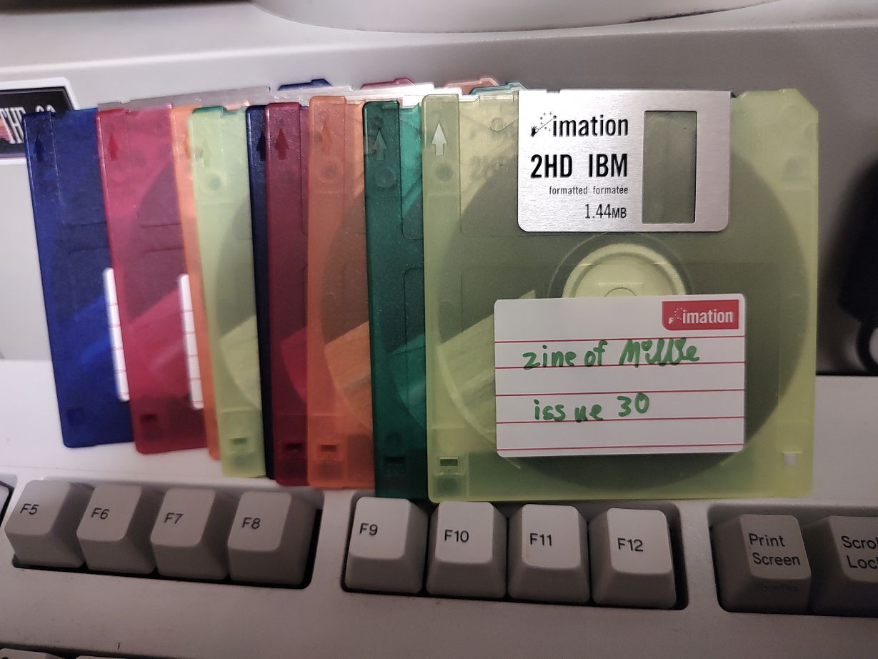 A line of coloured floppy disks ending in one labelled "zine of Millie issue 30"