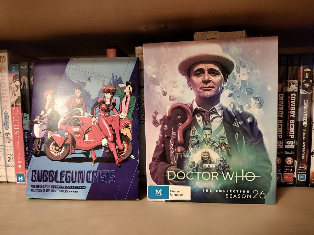The Bubblegum Crisis blu-ray next to the Doctor Who Season 26 blu-ray