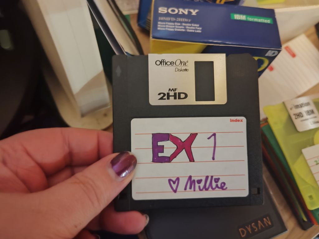 A floppy disc labelled EX1 signed by Millie