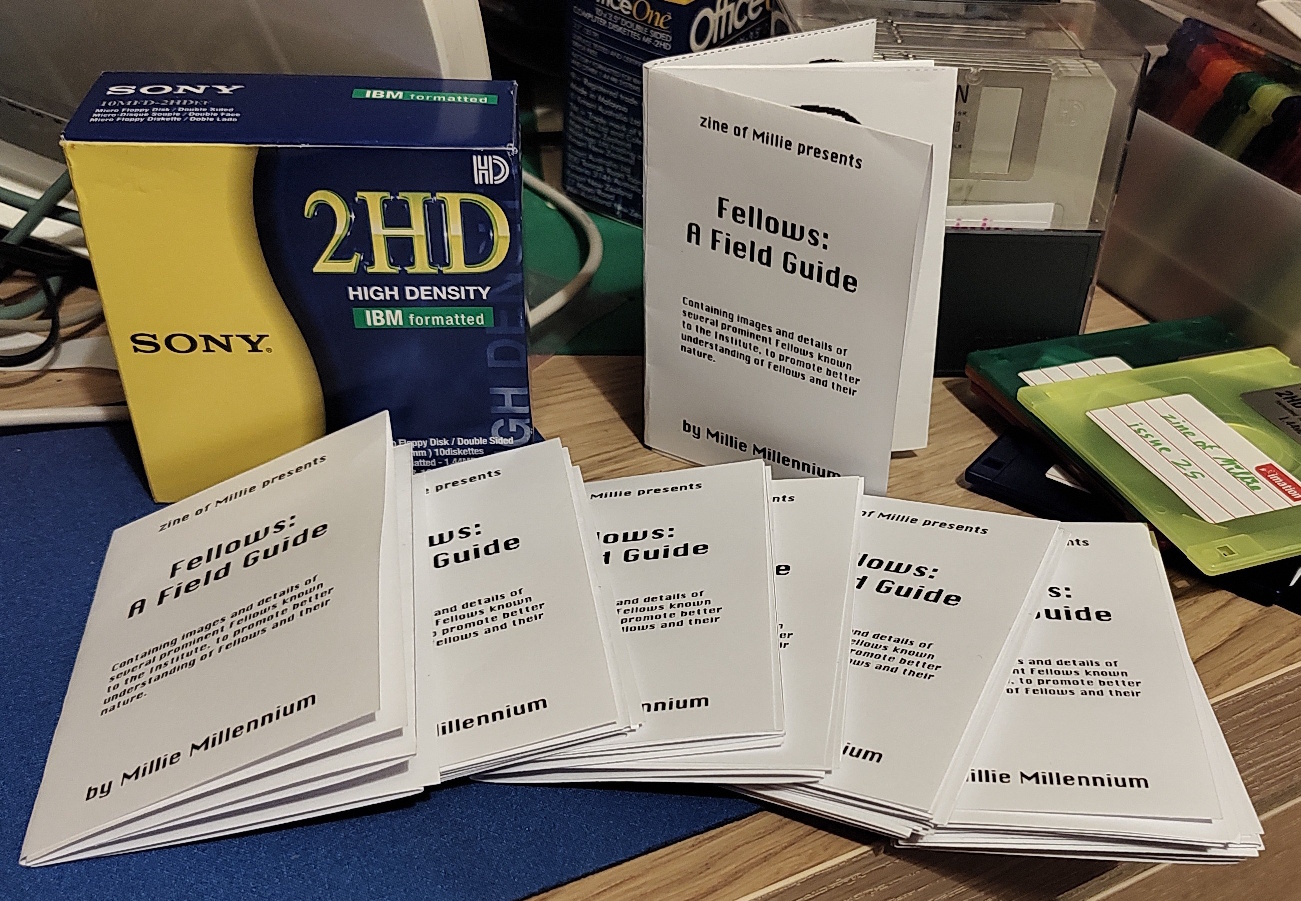 A series of paper zines artfully arrayed around some floppy disk boxes