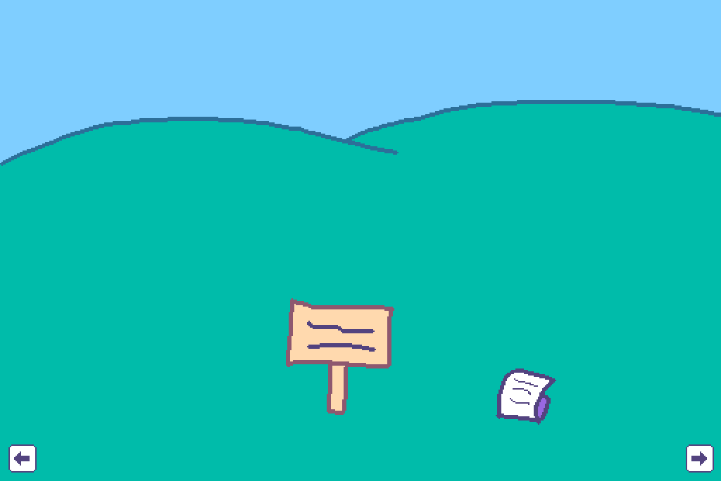 A green field, with a signpost and a sheet of paper